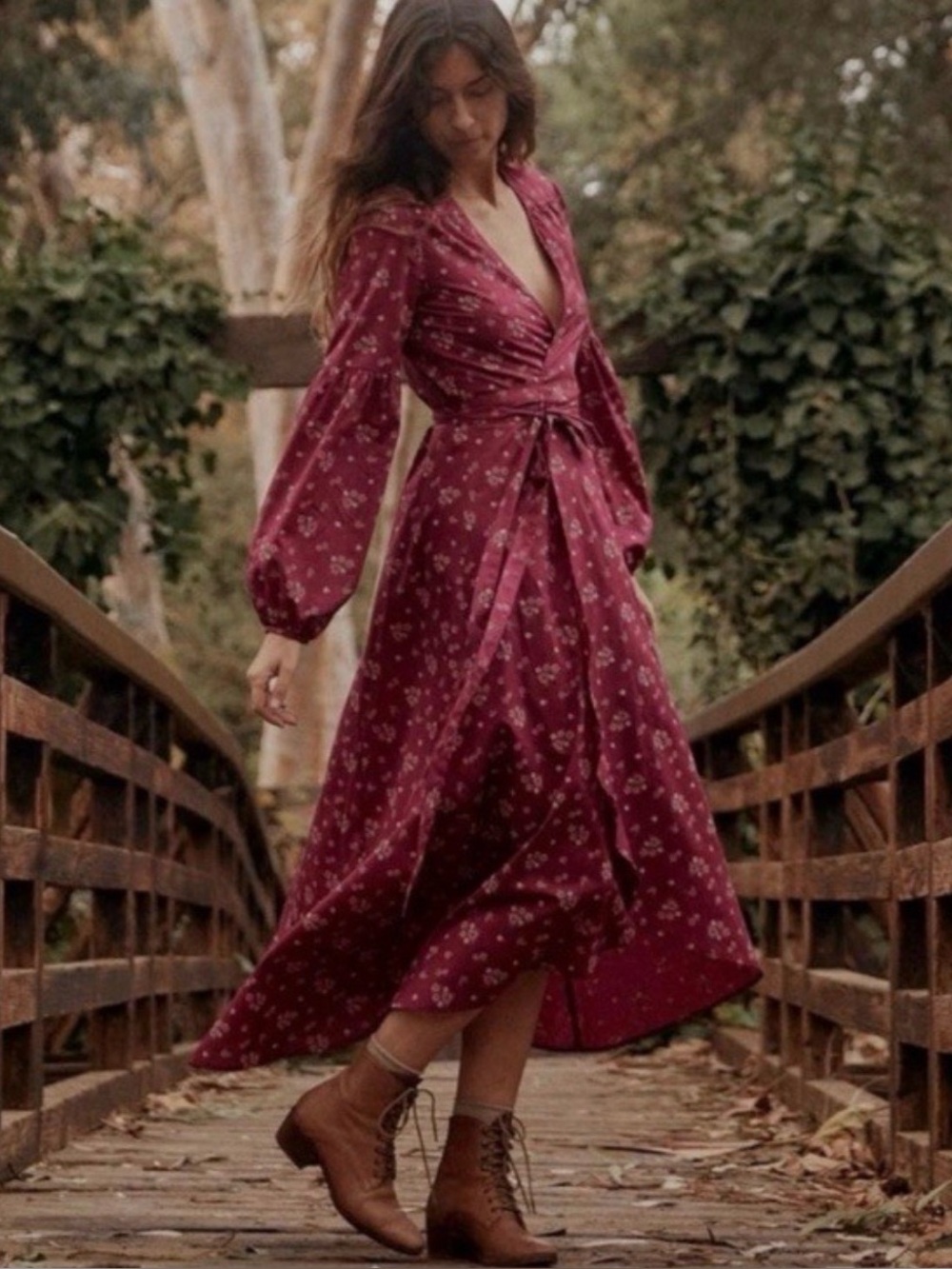 Christy Dawn Bergen Dress — Red Floral Wrap Maxi — Size L